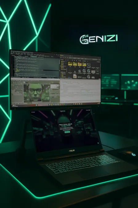 Ein modernes Bürogebäude mit dem Genizi-Logo, umgeben von stilisierten digitalen Elementen, die Innovation, KI und nachhaltigen Erfolg symbolisieren, mit bayerischen Elementen im Hintergrund, die die lokale Verankerung betonen.