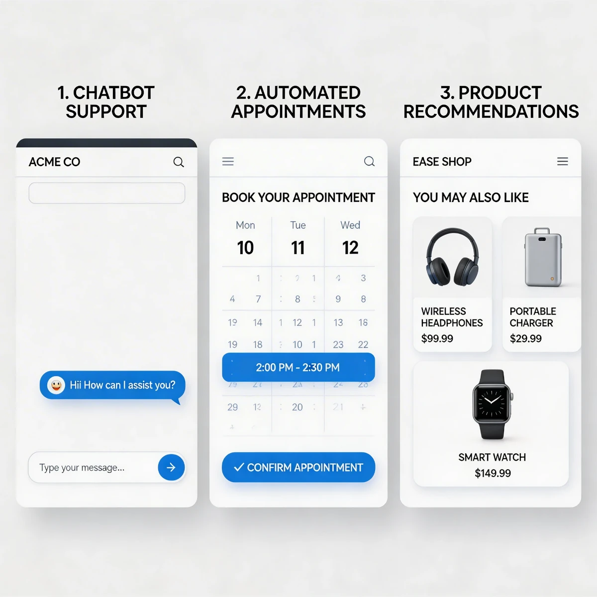 Collage: KI-Chatbot auf Website, automatisiertes Terminbuchungssystem und Produktempfehlungs-Widget – moderne KI-Anwendungen für Unternehmen
