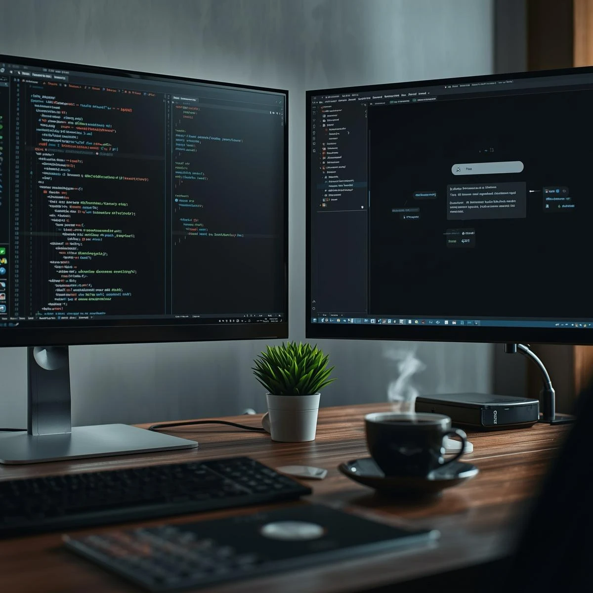 Entwickler-Setup: Sauberer PHP- und JS-Code im dunklen Editor, daneben KI-Chatbot-Interface auf dem zweiten Monitor – präzise Software-Entwicklung mit Künstlicher Intelligenz. Ruhige Atmosphäre mit Pflanze und Kaffee