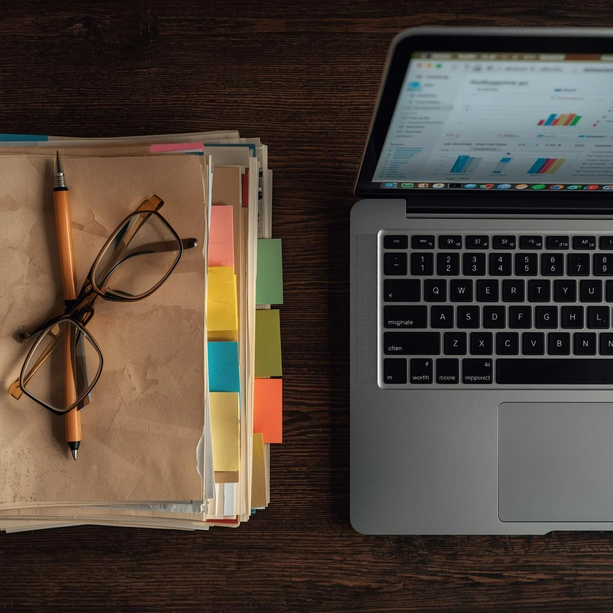 Aufgeräumter Schreibtisch: Von analogen Papierstapeln und Post-its zu einem sauberen, digitalen Workflow auf dem Laptop – Symbol für Erleichterung und Effizienz mit Künstlicher Intelligenz