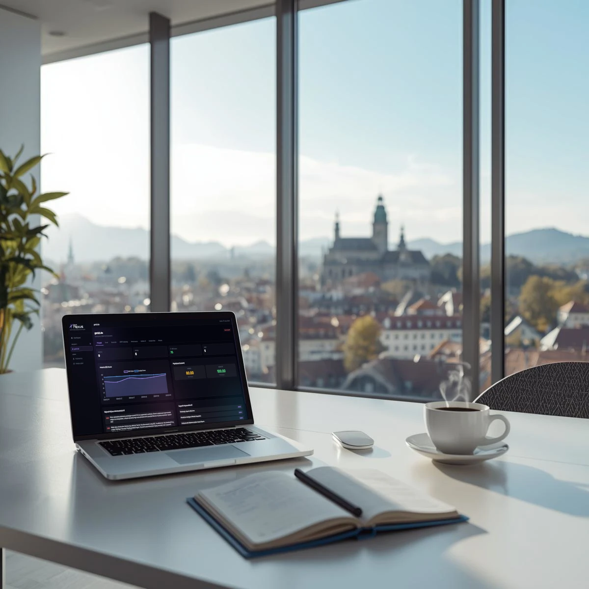 Bayerisches Büro: Laptop mit Genizi Nexus SEO Intelligence Dashboard, Kaffee und Notizbuch. Durch das Fenster eine ruhige bayerische Stadtansicht – professionell und lokal verwurzelt