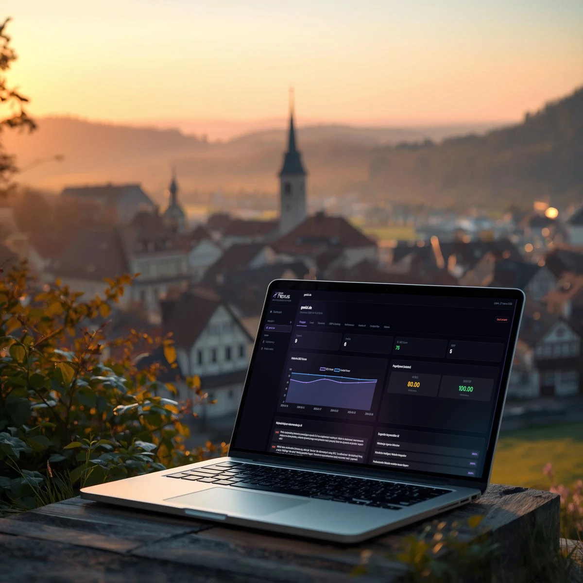 Bayerische Stadt im Abendlicht mit Panorama-Blick. Im Vordergrund Laptop mit KI-Dashboard und wachsenden Metriken – Symbol für digitale Aufbruchstimmung und zukünftiges Potenzial mit Künstlicher Intelligenz