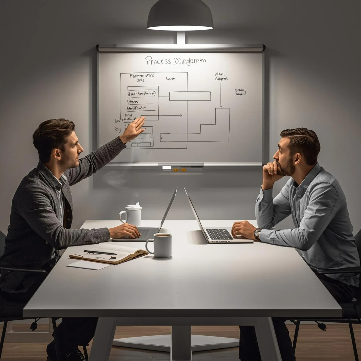 Zwei Kollegen diskutieren entspannt an einem Tisch über ein einfaches Prozessdiagramm am Whiteboard – partnerschaftliche Beratung zur Digitalisierung und Optimierung mit KI