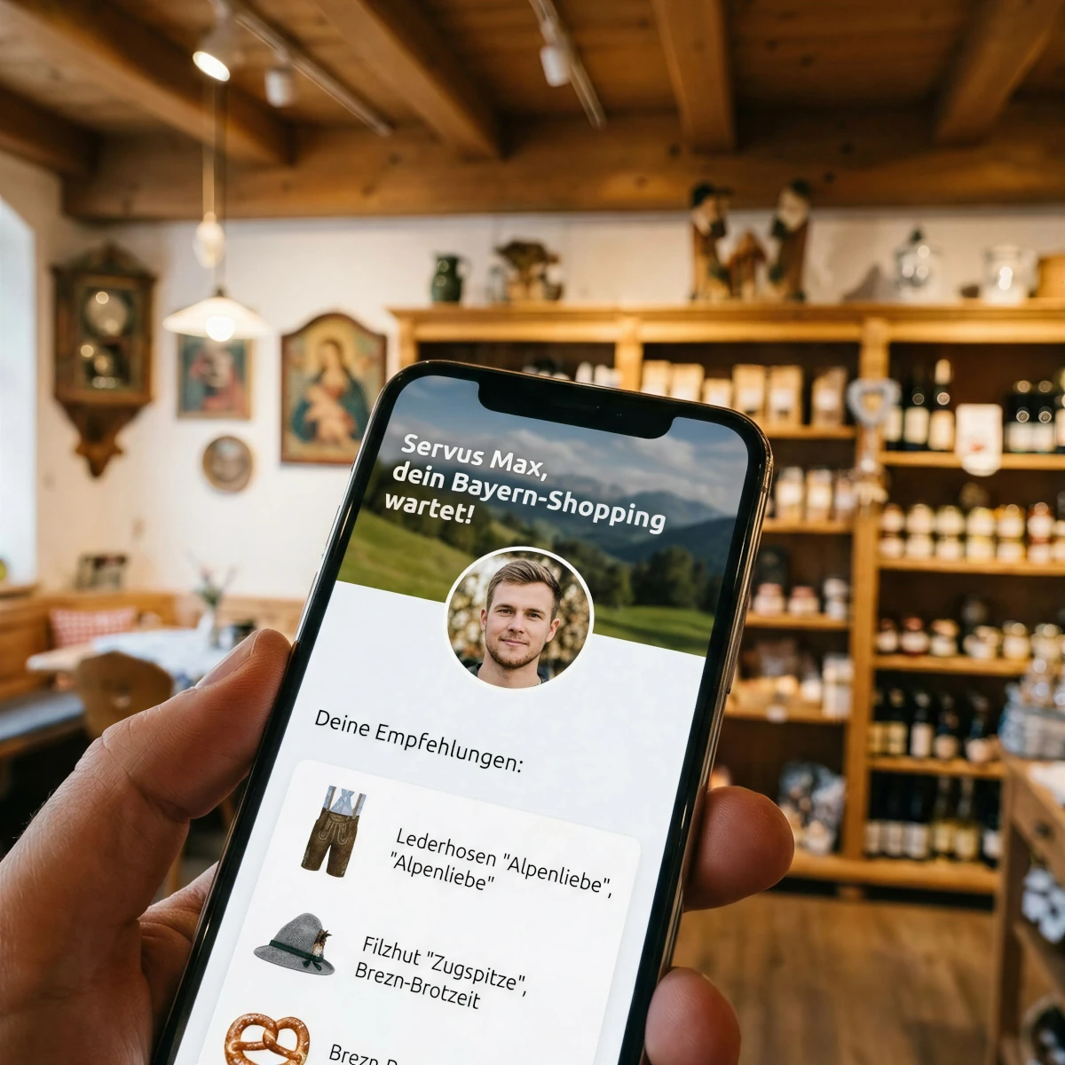 Personalisierte Smartphone-App mit maßgeschneiderten Produktempfehlungen und persönlicher Ansprache – lokaler bayerischer Laden trifft moderne KI-Präzision