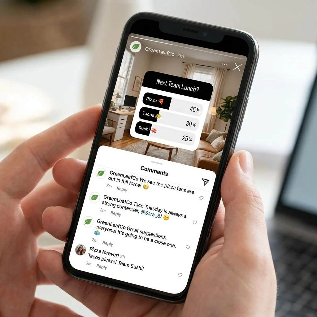 Nahaufnahme eines Smartphone-Screens: eine Unternehmens-Instagram-Story mit aktiver Umfrage und mehreren Antworten – darunter ein Kommentarbereich mit herzlichen, authentischen Antworten vom Unternehmensaccount. Stimmung: nahbar, dialogisch, lebendig.
