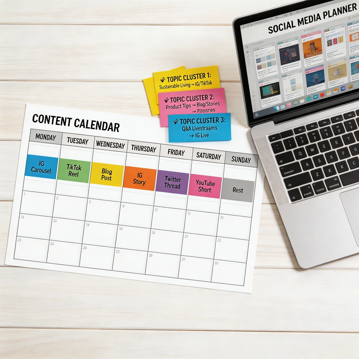 Flatlay auf einem hellen Tisch: ausgedruckter Content-Kalender mit farblich markierten Posting-Tagen, daneben Post-its mit Themen-Clustern und ein aufgeklappter Laptop mit einem Social-Media-Planungstool. Stimmung: strukturiert, planvoll, kreativ organisiert.