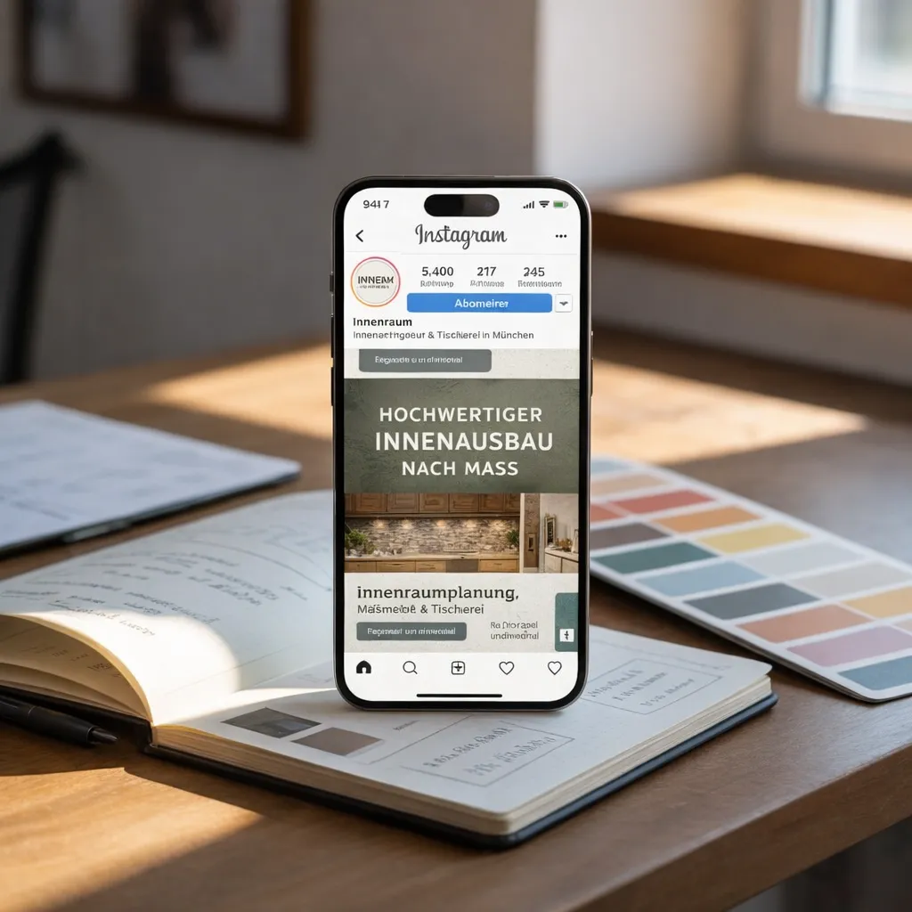Draufsicht auf einen Schreibtisch: Smartphone mit geöffnetem Instagram-Profil eines fiktiven bayerischen Unternehmens – hochwertiger Feed, konsistente Ästhetik, sichtbare Engagement-Zahlen. Daneben ein Notizbuch mit Content-Planung. Warmes, natürliches Licht. Stimmung: kreativ, strategisch, professionell.