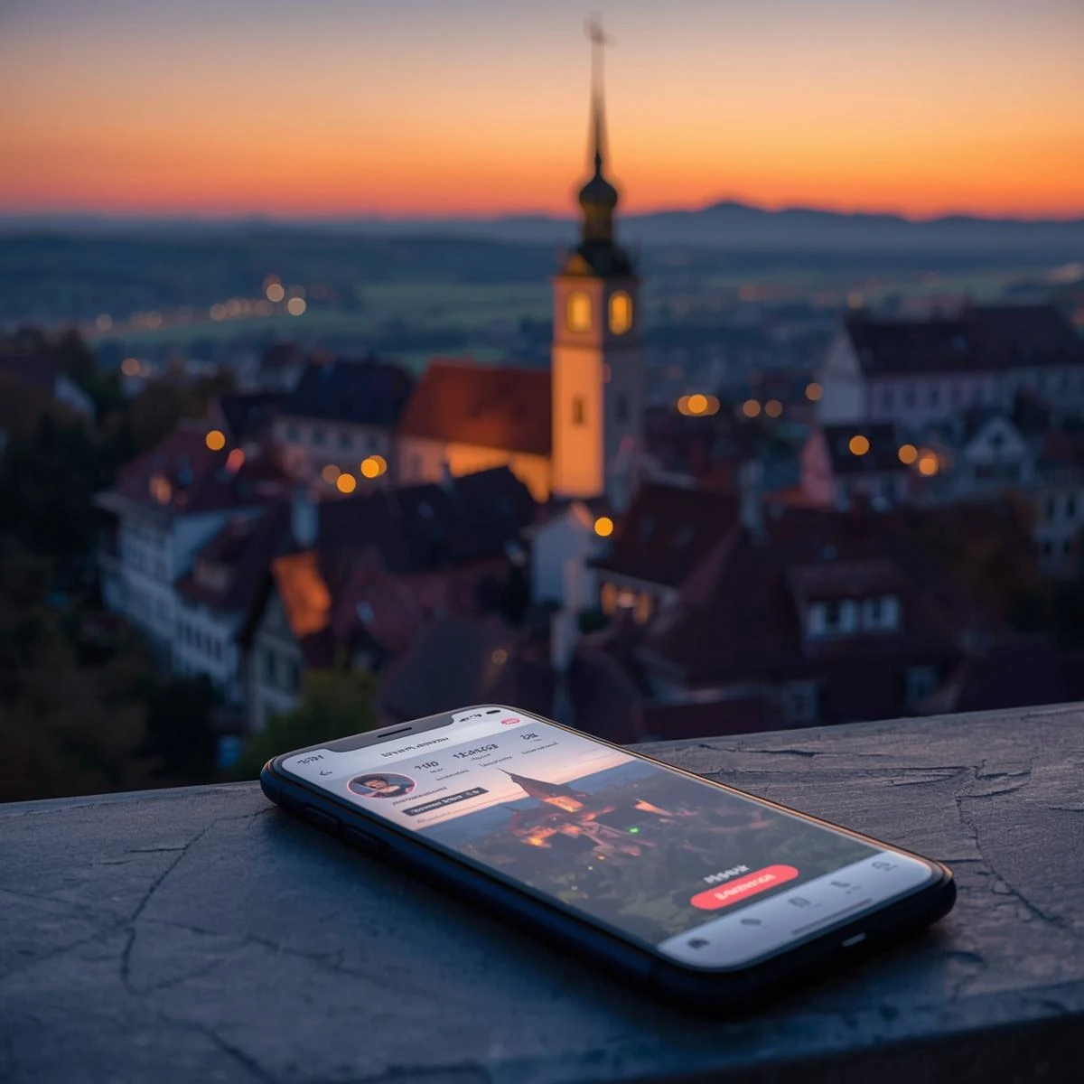 Abendstimmung: Blick über eine bayerische Stadt mit warmem Lichtschein – im Vordergrund ein Smartphone, dessen Screen einen wachsenden Instagram-Account mit steigenden Follower-Zahlen zeigt. Stimmung: Wachstum, Aufbruch, digitale Präsenz die wirkt.