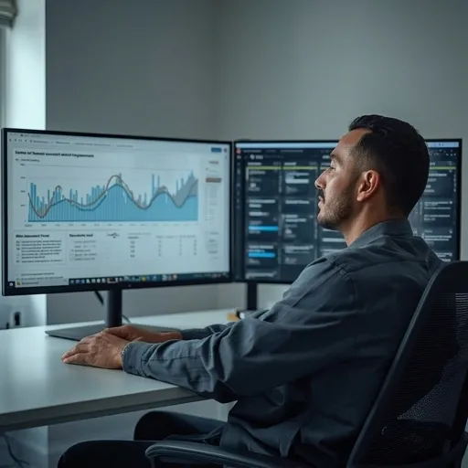 Person sitzt entspannt vor zwei Monitoren: einer zeigt ein Social Media Analytics Dashboard mit Reichweiten- und Engagement-Kurven, der andere einen Content-Kalender. Helles, modernes Arbeitsumfeld. Stimmung: datengetrieben, kontrolliert, professionell.