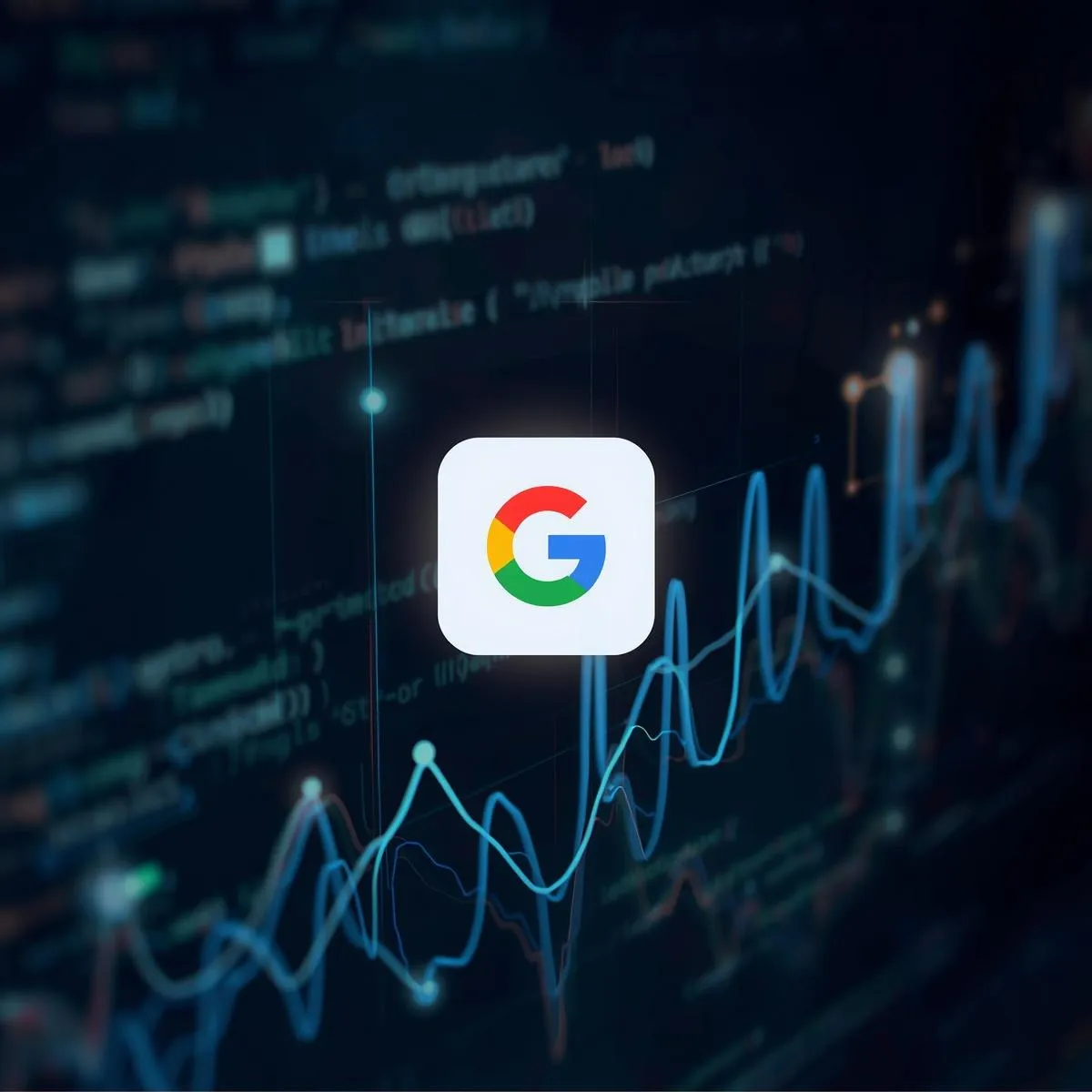 Ein Diagramm, das hohe Website-Performance-Werte anzeigt, mit Code-Zeilen im Hintergrund und einem stilisierten Google-Suchsymbol, das SEO-Optimierung und technische Exzellenz darstellt.