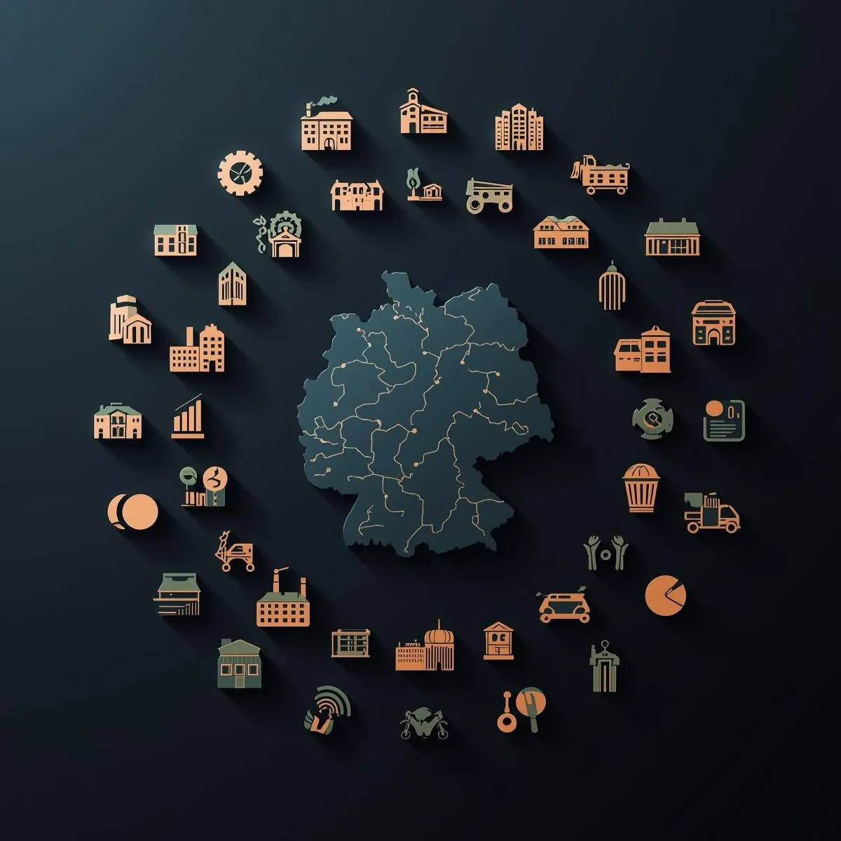 Verschiedene Icons, die unterschiedliche Branchen (z.B. Hotel, Industrie, Handwerk, Dienstleistung) darstellen, gruppiert um eine Karte von Bayern, die lokale Expertise und maßgeschneiderte Branchenlösungen symbolisiert.