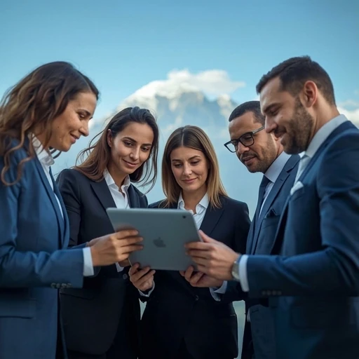 Geschäftsleute betrachten eine moderne Website auf einem Tablet, die Professionalität und Erfolg ausstrahlt, mit dem bayerischen Alpenpanorama im Hintergrund, symbolisierend digitale Präsenz und Wachstum.