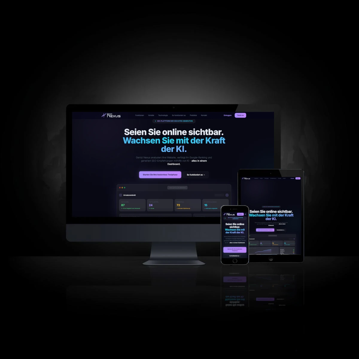 Eine Website, die nahtlos auf verschiedenen Geräten (Desktop, Tablet, Smartphone) dargestellt wird, umgeben von einer bayerischen Landschaft, die die lokale Relevanz und die Anpassungsfähigkeit des Designs unterstreicht.