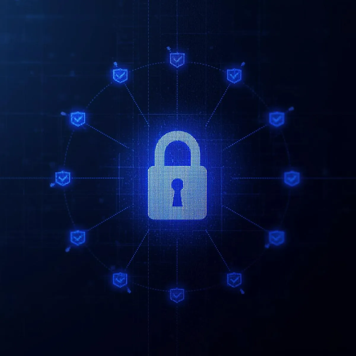 Ein Vorhängeschloss-Symbol auf einem digitalen Bildschirm, umgeben von Datenschutz-Icons und einem sicheren Netzwerk, das die Website-Sicherheit und DSGVO-Konformität darstellt.