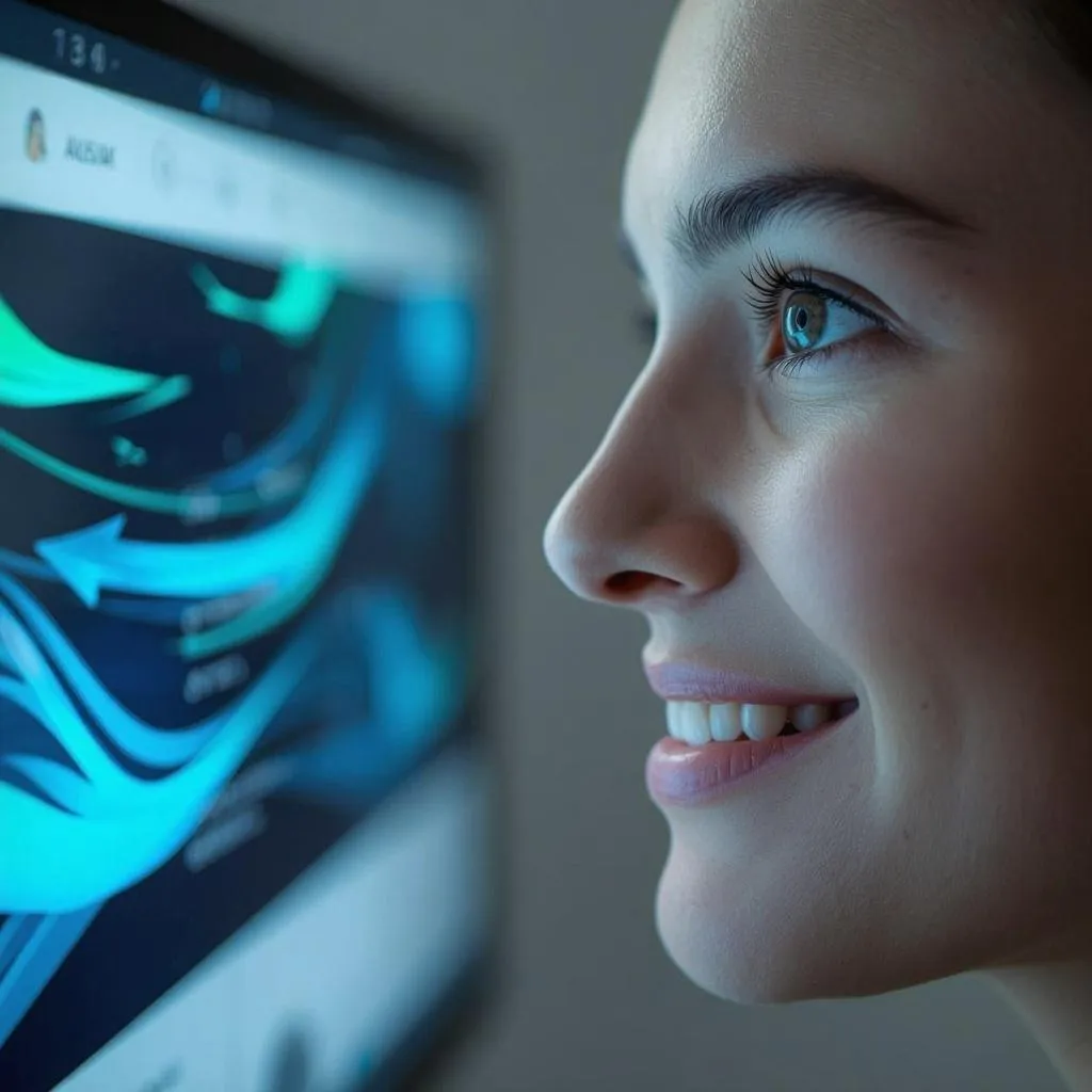 Eine Person, die mühelos durch eine Website navigiert, mit positiven Emotionen auf dem Gesicht, symbolisiert durch Pfeile, die einen reibungslosen UX-Fluss und eine positive User Journey darstellen.