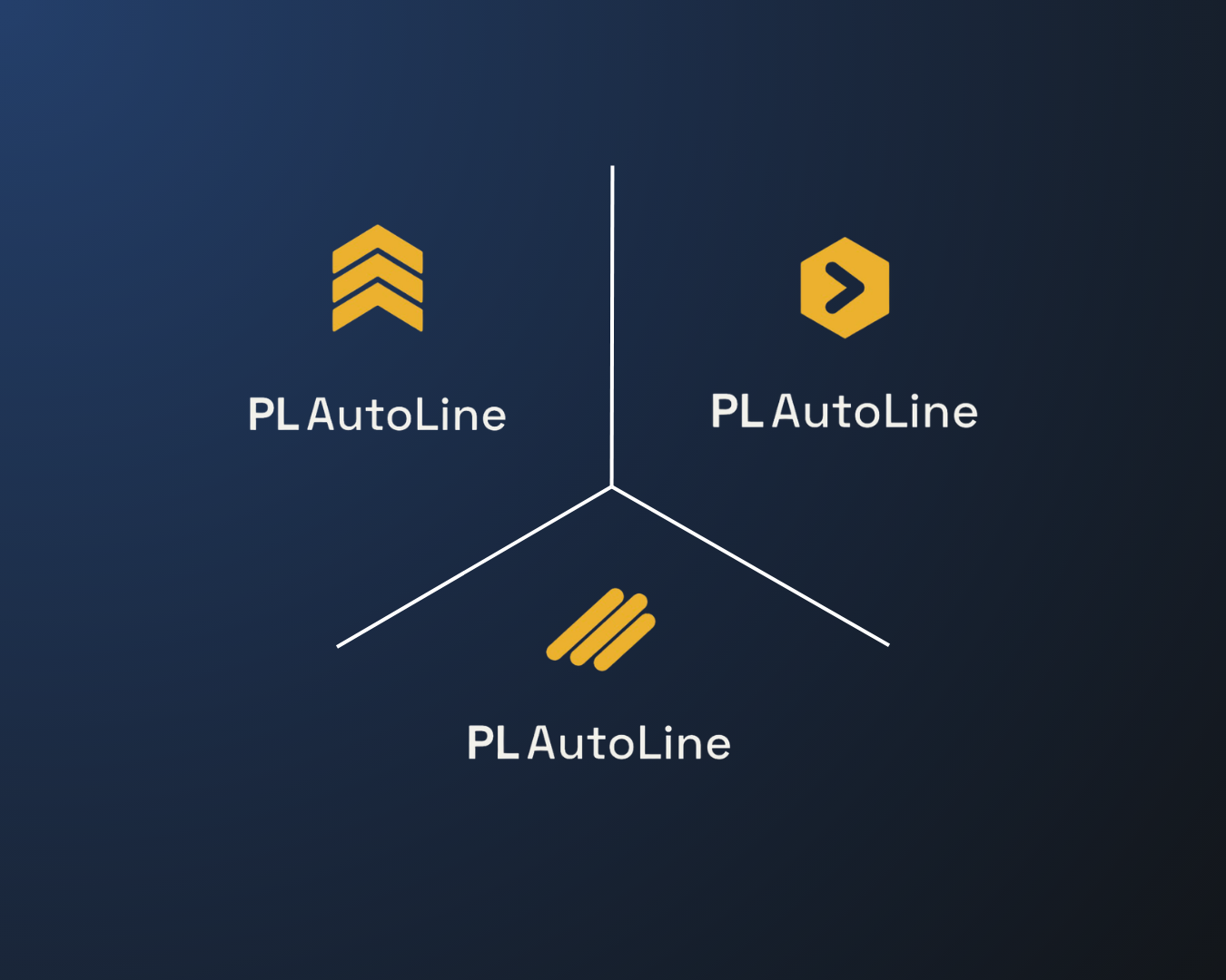 Drei Logo-Konzepte für PL AutoLine: Chevron-Stack, Speed Lines und Hex-Chevron