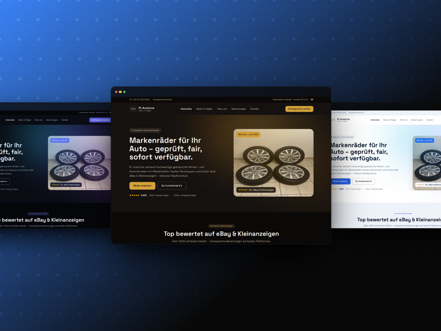 Drei Designkonzepte für pl-autoline.de: Aurora Midnight, Carbon Gold und Clear Light